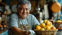 Senior Hispanic man smiling in kitchen with fresh citrus fruits in woven basket, wearing patterned apron. Warm lighting creates welcoming atmosphere for food and cooking concepts.
