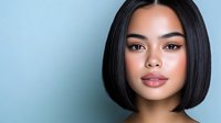 Young Asian woman with bob haircut and natural makeup against blue background, showcasing modern beauty and skincare trends in professional studio lighting.
