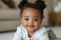 Adorable African American baby girl with curly hair in space buns wearing white plaid shirt smiles joyfully while lying on floor at home, showing pure happiness and innocence.