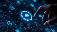 Futuristic artificial intelligence concept with human finger touching glowing AI hexagon symbol on digital interface in blue technological background.