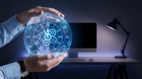 Businessman holding glowing digital clock with gears and Roman numerals, symbolizing time management, productivity, and business efficiency in modern workplace setting.