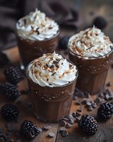 Decadent chocolate mousse desserts topped with whipped cream and chocolate shavings, served in glass cups with fresh blackberries and chocolate chips for elegant entertaining.
