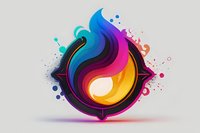 Abstract colorful flame shape with vibrant gradient swirls in blue, purple, pink and yellow tones against light background, featuring dynamic splatter effects.