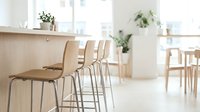 Modern bar stools with metal frames lined up at wooden counter in bright, minimalist kitchen with potted plants and natural light for interior design.