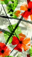 Abstract floral art with vibrant red poppies and green leaves on textured gray background, featuring dynamic brushstrokes and geometric elements.