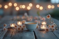 Cozy evening atmosphere with white cup of coffee surrounded by lit candles and delicate daisies on rustic wooden table, soft bokeh lights in background.