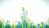 Abstract organic shapes in green, blue and yellow tones creating flowing botanical border on white background for modern design projects.