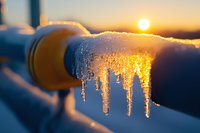 Frozen icicles hanging from metal pipe at sunset with golden sunlight creating magical winter atmosphere, natural frost formations glowing in evening light.