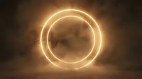 Glowing neon circle with warm golden light rings on dark smoky background, suitable for sci-fi, technology, and modern design projects.