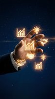 Businessman hand holding glowing neon icons of growth charts, lightbulbs, and handshakes against dark starry background, representing business innovation and success.