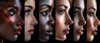 Side profile portraits of women with diverse skin tones showcasing glamorous makeup and dramatic lighting against dark background, beauty concept for cosmetics industry.