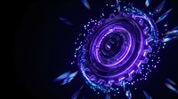 Futuristic purple digital portal with glowing neon circuits and energy beams radiating outward against dark background for sci-fi technology designs.