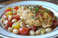 Seasoned chicken breast served on white beans with colorful tomatoes and fresh herbs, garnished with black pepper and parsley on white plate.