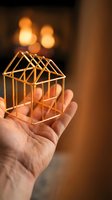 Hand holding golden wire frame house model with warm bokeh lights in background representing real estate investment and home ownership dreams.