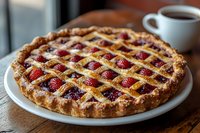 Fresh strawberry lattice pie with golden brown woven crust on white plate, served with coffee cup near window. Natural lighting highlights flaky pastry and bright red berries.