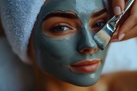 Young woman with clay face mask being applied with brush during spa treatment, close up view of facial skincare procedure in blue tones.