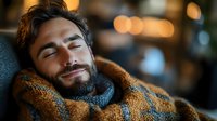 Young bearded man sleeping peacefully in cozy sweater with blurred bokeh lights background, expressing comfort and relaxation during cold season.