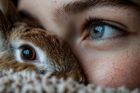 Close-up macro shot comparing blue human eye with freckles and brown rabbit eye side by side, showing striking contrast in color and structure. Artistic pet photography.