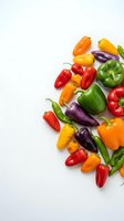 Assorted fresh peppers and chili peppers arranged on white background, including red, yellow, orange, green and purple varieties for cooking, nutrition and healthy eating concepts.