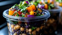 Fresh quinoa bowl with chickpeas, roasted butternut squash, purple cabbage, and herbs in plastic container. Vibrant healthy meal prep lunch with protein and vegetables.