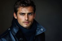 Handsome young Caucasian man with curly hair wearing black leather jacket against dark background for fashion and lifestyle concepts.
