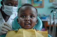 Young African child patient smiling during dental examination while dentist in protective mask and gloves performs routine checkup in modern clinic office.