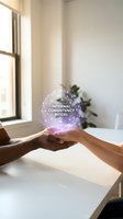 Two hands holding glowing holographic sphere with internal consistency model text in bright office space with natural light and green plant.