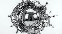 Metallic liquid mercury sphere with dynamic splash crown and droplets creating abstract fluid motion on white background for modern design projects.