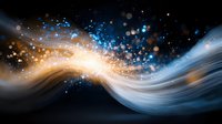 Magical wave of glowing particles flowing in dark space, abstract light trail with golden and blue sparkles creating dynamic motion effect.