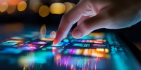 Finger touching digital screen with vibrant neon lights and bokeh reflections creating futuristic technology atmosphere. Modern interface interaction concept.