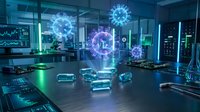 Futuristic laboratory workspace with holographic virus molecules and digital data visualization, representing biotechnology research, medical innovation, and scientific discovery in modern facility.