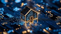 Glowing house icon on computer circuit board with blue and gold bokeh lights, representing smart home technology and digital transformation in real estate.