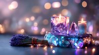 Glowing candles in glass holders with purple and blue crystals alongside dried lavender bouquet on bokeh background create magical atmosphere.