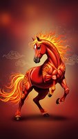 Majestic fire horse rearing with flaming mane and ornate patterns on gradient background for fantasy art and mystical designs.