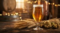 Fresh golden beer in elegant glass with wheat stalks and hops on rustic wooden table in warm brewery atmosphere with bokeh lights for craft brewing concepts.