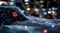 Futuristic digital landscape with glowing red and blue light particles floating over dark wavy surface, creating abstract technology network visualization.