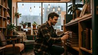 Young adult male with dark hair and beard, wearing a plaid shirt, organizing books on wooden shelves in a cozy loft apartment with large windows, hanging plants, and pendant lighting overlooking a city skyline.
