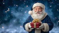 Cheerful senior man in blue winter coat and white fur hat holding red gift box with gold bow against snowy night background with bokeh lights.