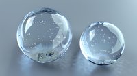 Clear glass spheres with water droplets and bubbles inside on reflective surface, macro photography style composition showing transparency and liquid dynamics.