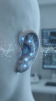 Digital ear with glowing circuit patterns and data visualization overlay representing hearing technology, artificial intelligence and medical innovation.