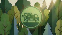Green waste management truck icon in forest landscape with recycling symbol for environmental sustainability and eco-friendly waste collection services.
