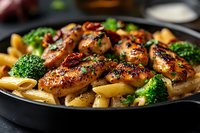 Grilled chicken breast with roasted potatoes and broccoli in cast iron pan, garnished with fresh herbs. Homestyle dinner with golden-brown meat and vegetables.
