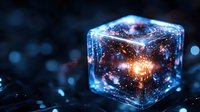 Glowing crystalline cube containing swirling galaxy and stars, isolated on dark background for digital design, technology, and science fiction projects.