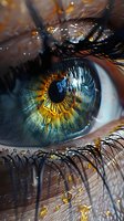 Extreme macro photography of human eye with gold glitter and water drops, showing intricate details of iris, eyelashes, and skin texture in artistic composition.