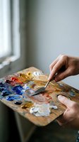 Artist hand holding palette knife mixing oil paints on wooden palette near window for creative artwork and painting projects.