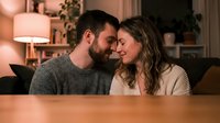 Young couple sharing intimate moment on couch in cozy living room with warm lighting. Romantic evening at home for relationship and love concepts.