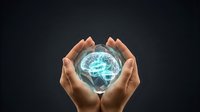 Hands holding glowing brain sphere with digital neural network connections, representing artificial intelligence, innovation, technology, and future computing solutions.