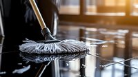 Professional cleaning of tiled floor with modern mop in sunlit room, showing reflection of cleaning tool on wet surface during maintenance work.