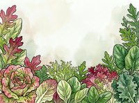 Watercolor garden border with mixed foliage in pink, green, and burgundy tones on isolated white background, suitable for design projects.