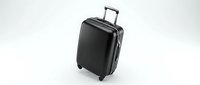 Black wheeled suitcase isolated on white background for travel and vacation concepts. Modern luggage with retractable handle ready for design use.